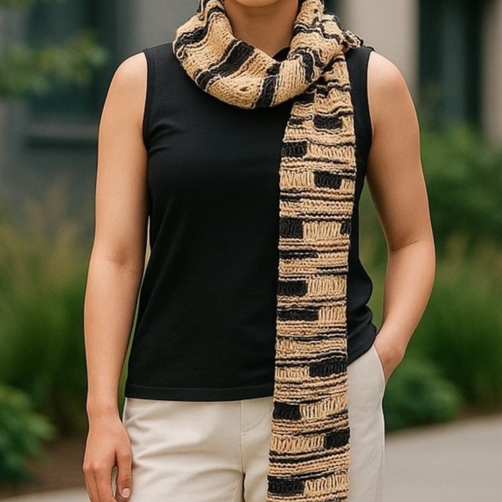 Scarf Hand Crafted Cotton Black Peach Yellow Knit Spring Summer Essential Gift